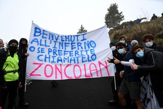 MONTE ZONCOLAN ITALY MAY 22 Fans at Monte Zoncolan finish area during the 104th Giro dItalia 2021 Stage 14 a 205km stage from Cittadella to Monte Zoncolan 1730m Fog UCIworldtour girodiitalia Giro on May 22 2021 in Monte Zoncolan Italy Photo by Stuart FranklinGetty Images
