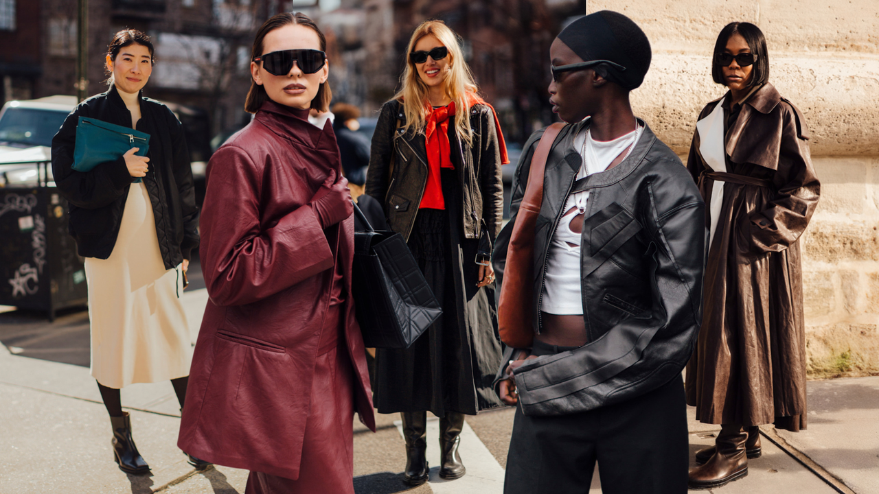 Woman wearing leather jacket with dress, woman wearing leather jacket with leather skirt, woman wearing leather jacket with dress and scarf, woman wearing leather jacket with cut-out top, woman wearing leather jacket with trench coat 