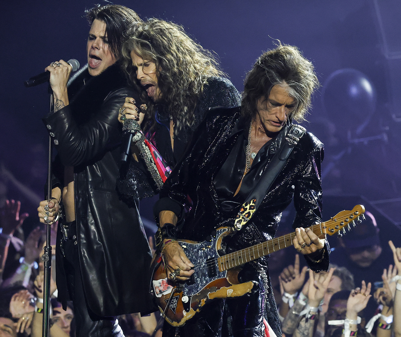Yungblud, Steven Tyler and Joe Perry perform during a tribute to Ozzy Osbourne at the 2025 MTV Video Music Awards at New York&#039;s UBS Arena in Elmont, N.Y.