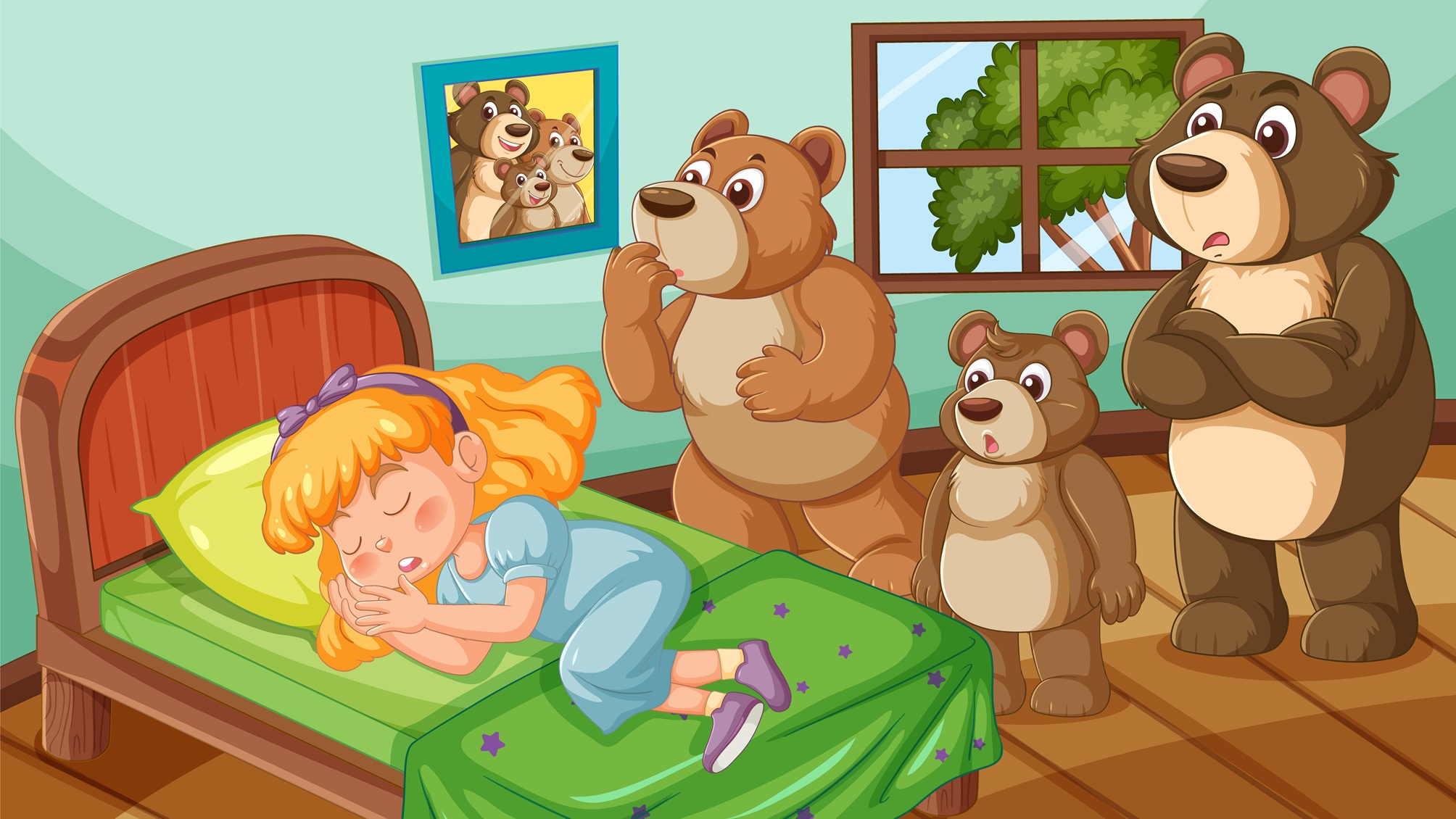 The three bears find Goldilocks sleeping in the bed that's just right.