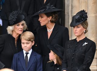 Queen Camilla, Kate Middleton, Prince George, Princess Charlotte, Duchess Sophie all wear black at Queen Elizabeth's State Funeral on September 19, 2022