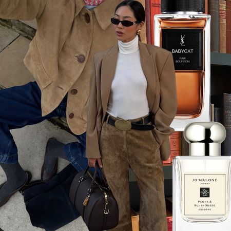 A collage of women in suede outfits overlapped by perfumes with suede accords.