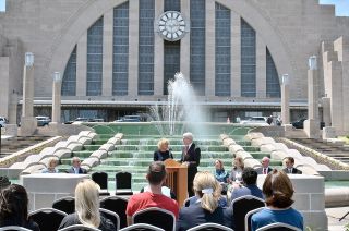 Senator Rob Portman (R-OH) joins Carol Armstrong, the widow of Apollo 11 astronaut Neil Armstrong, for the "Destination Moon" announcement outside of the Cincinnati Museum Center's Union Terminal in Ohio on Friday, June 14, 2019.