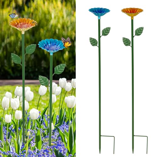 Whchiy 2 Pack Bee Watering Station, Bee Baths for Garden, Colorful Bee Butterfly Feeders for Yard Decor, Metal Decorative Garden Stakes (blue, Yellow)