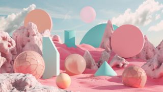 A surrealist landscape with pink rock formations and pastel-colored 3D shapes