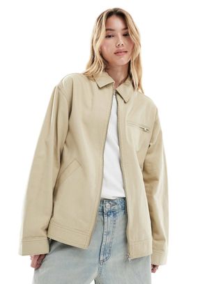 Asos Design Twill Harrington Shacket in Stone