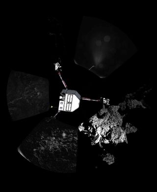 Europe's Philae lander took this panorama from the surface of Comet 67P/Churyumov–Gerasimenko after its historic touchdown on Nov. 12, 2014. Philae's body is superimposed on the image.