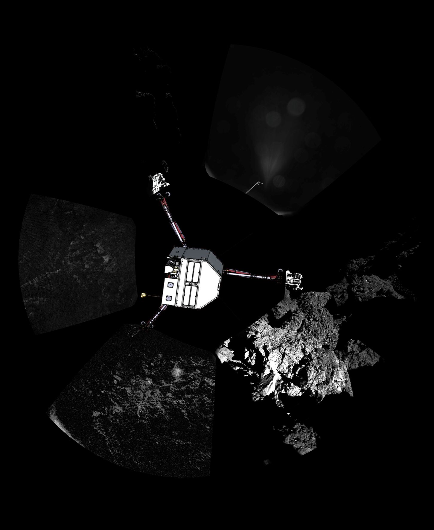 Europe&#039;s Philae lander took this panorama from the surface of Comet 67P/Churyumov–Gerasimenko after its historic touchdown on Nov. 12, 2014. Philae&#039;s body is superimposed on the image.