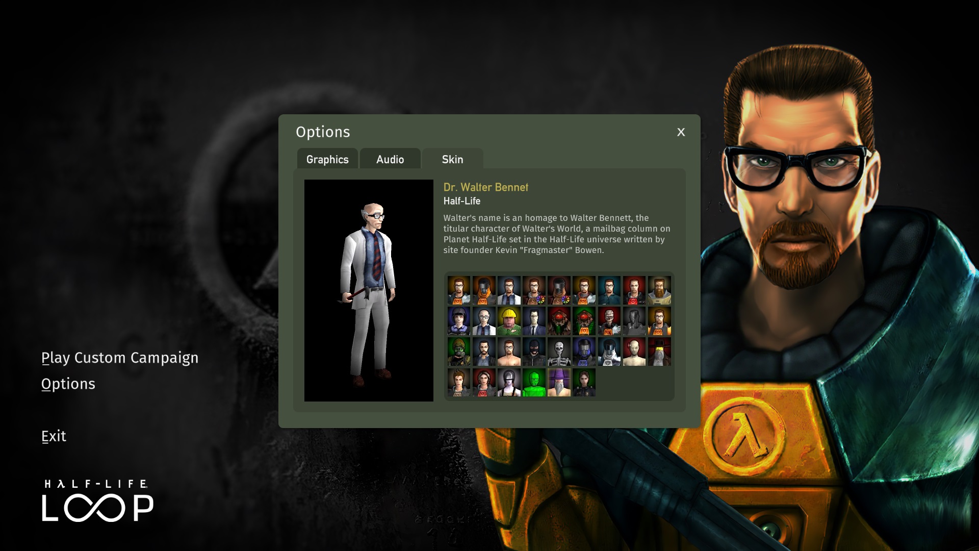 Character selection screen of Project Loop with Gordon Freeman key art visible in background, Black Mesa scientist model selected in classic Steam UI.