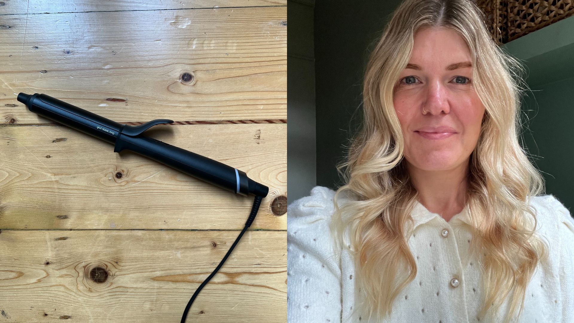 Fiona McKim pictured with a white knitted top and curled hair, beside the ghd Chronos Curve tong photographed on a wooden floor