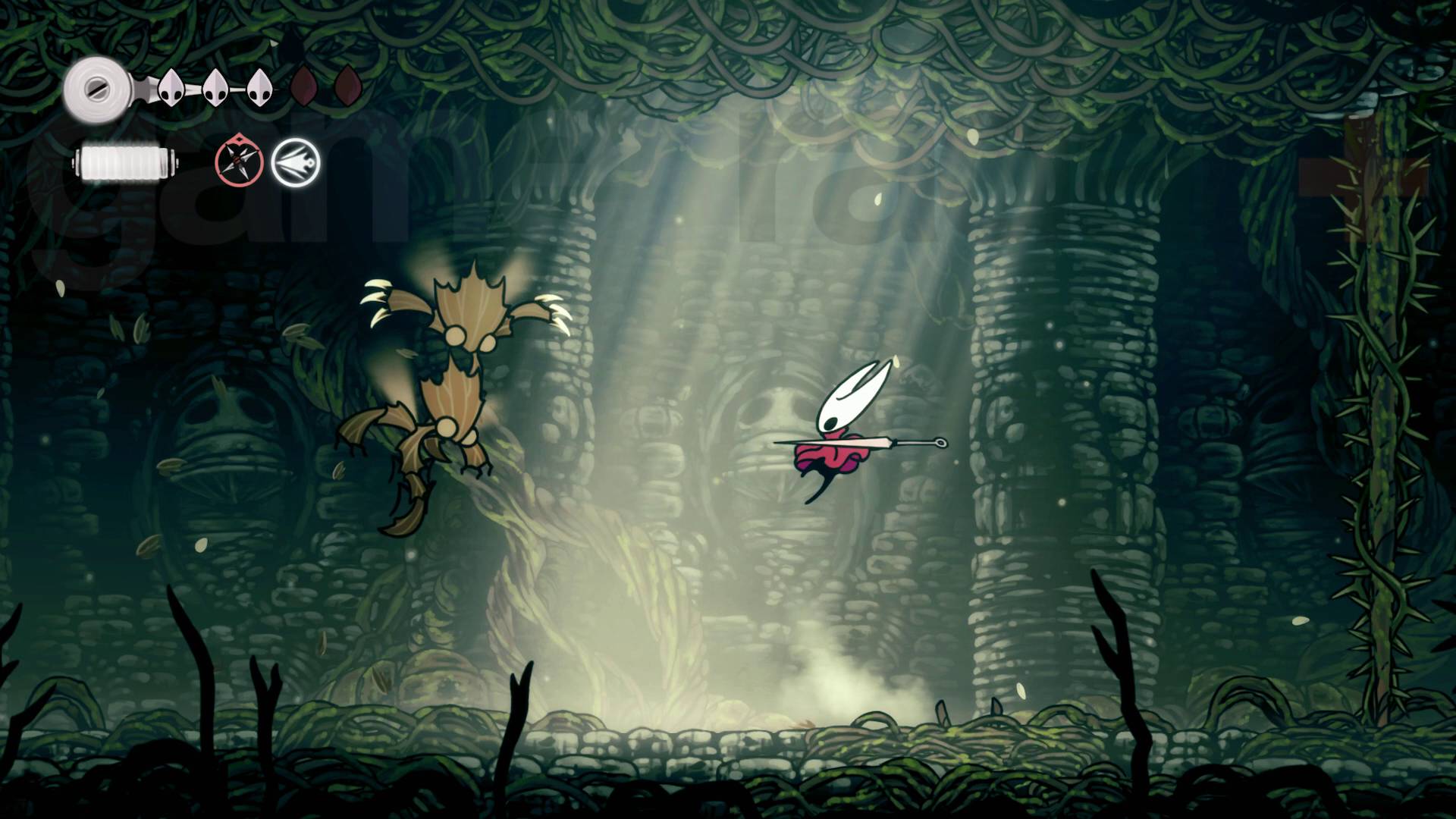 Hollow Knight Silksong Sister Splinter boss Hornet throwing silk spear at two minions