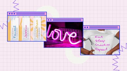 collage image of Love Island gifts and Love Island merchandise from Etsy and the Love Island official shop on a pink background
