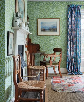 Bedroom with Morris & Co green wallpaper