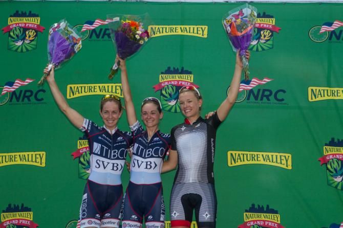 Women's podium for Stillwater Criterium (L-R): Joanne Kiesanowski, Claudia H&auml;usler and Tayler Wiles