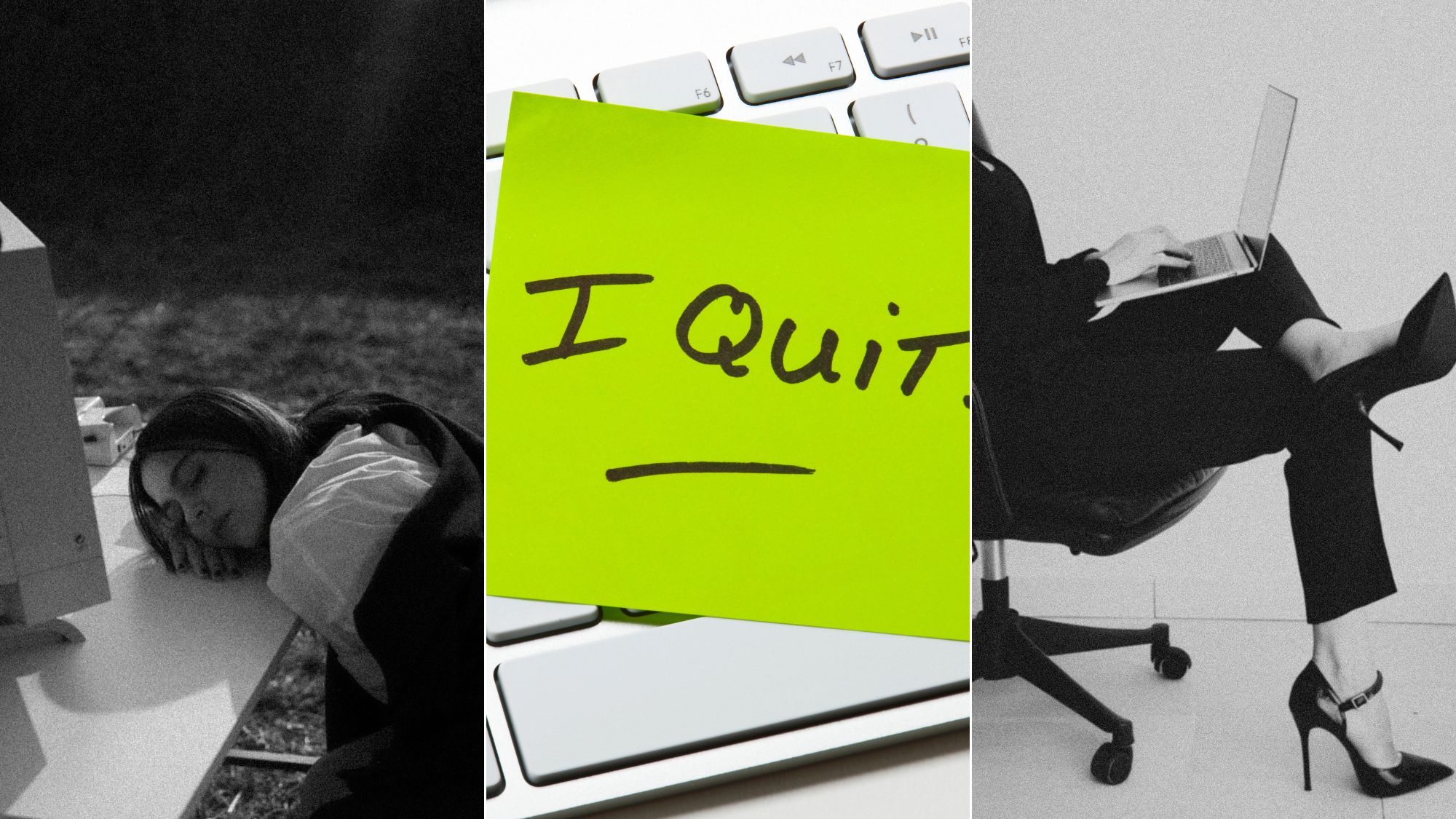 Black-and-white collage of two women appearing exhausted at work, alongside a bright green sticky note reading &ldquo;I Quit&rdquo; on a computer keyboard.