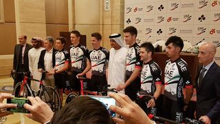 Riders show off the new UAE Abu Dhabi jersey