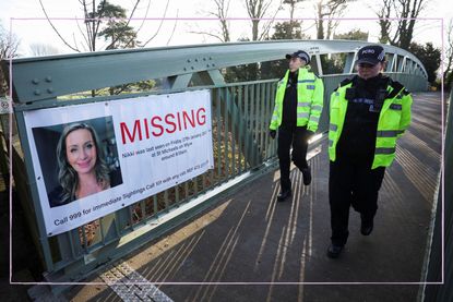 a medium shot showing two police officers walking past a missing poster of Nicola Bulley