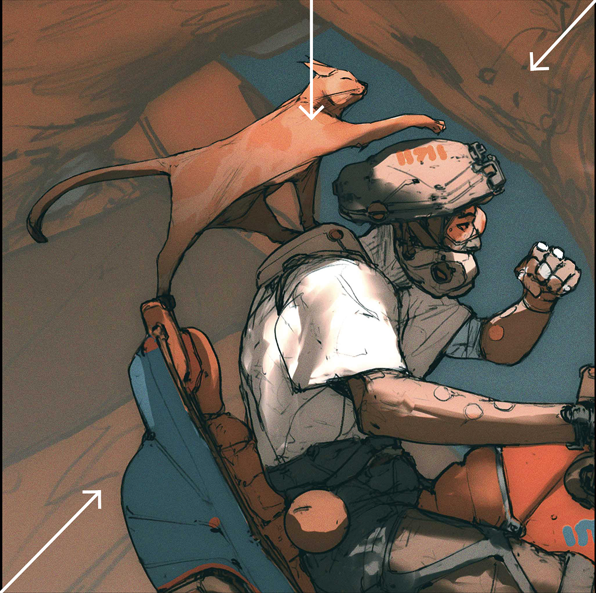Sci-fi composition; a man with a cat on his shoulder