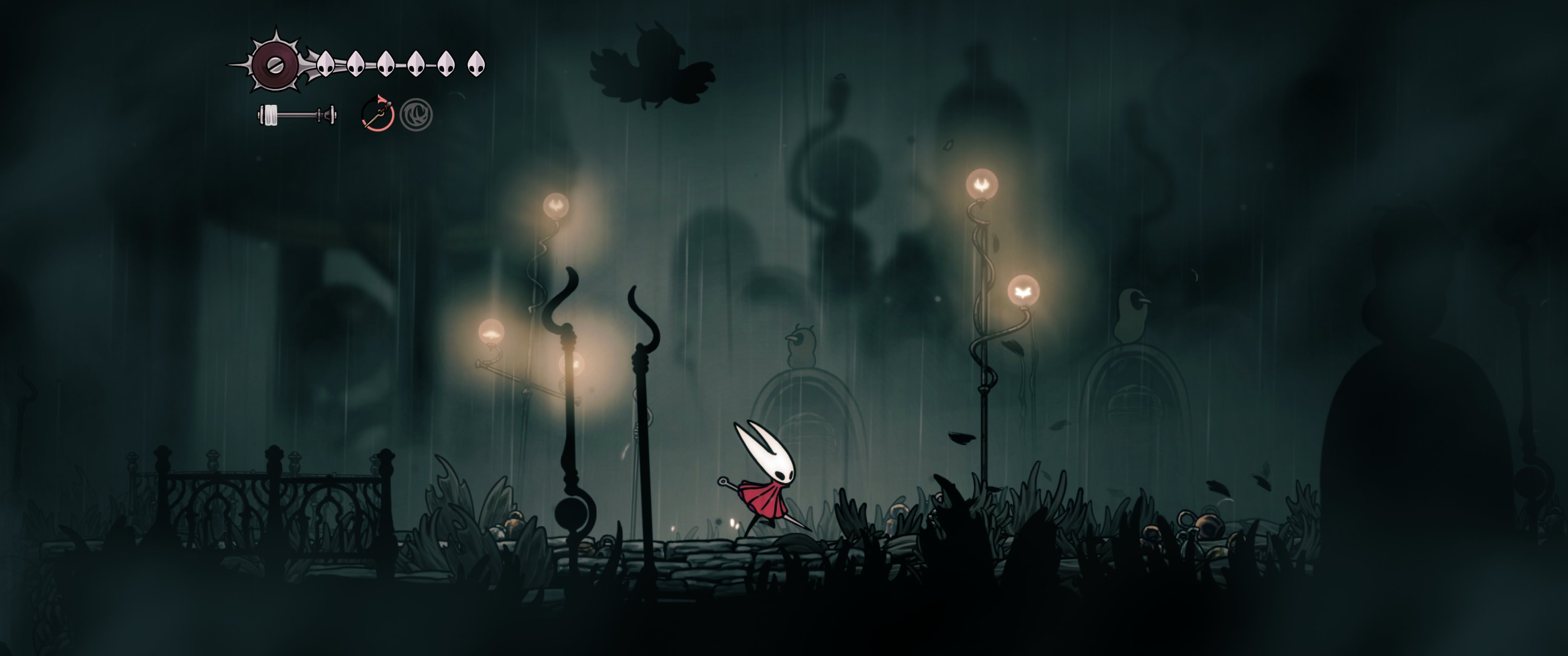 A Hollow Knight Silksong screenshot showcasing its support of an ultrawide 21:9 aspect ratio