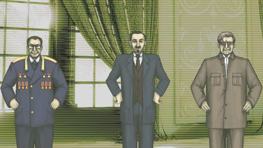 Three figures, one uniformed, one wearing a suit, and one wearing a Soviet-style suit, stand smugly with their hands on their hips.