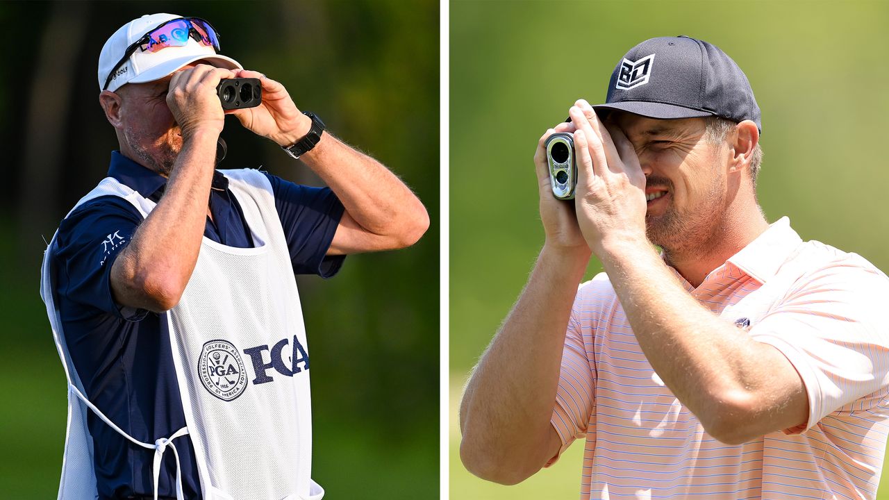 A caddie and Bryson DeChambeau seen using laser rangefinders