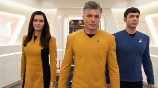 Una (Rebecca Romijn), Pike (Anson Mount) and Spock (Ethan Peck) in the Paramount Plus original Star Trek: Strange New Worlds