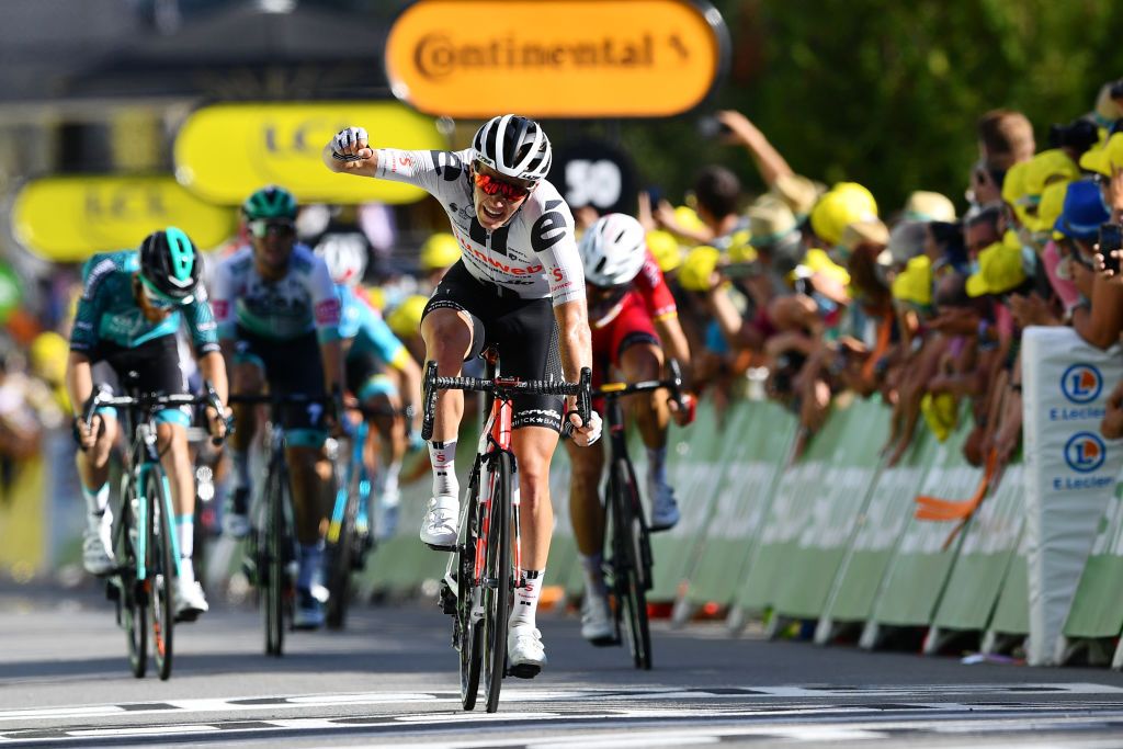 SARRAN CORRZE FRANCE SEPTEMBER 10 Arrival Marc Hirschi of Switzerland and Team Sunweb Celebration during the 107th Tour de France 2020 Stage 12 a 218km stage from Chauvigny to Sarran Corrze 658m TDF2020 LeTour on September 10 2020 in Sarran Corrze France Photo by Stuart FranklinGetty Images