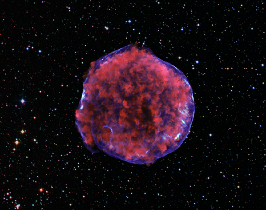 This image comes from a very deep Chandra observation of the Tycho supernova remnant. Low-energy X-rays (red) in the image show expanding debris from the supernova explosion and high energy X-rays (blue) show the blast wave, a shell of extremely energetic