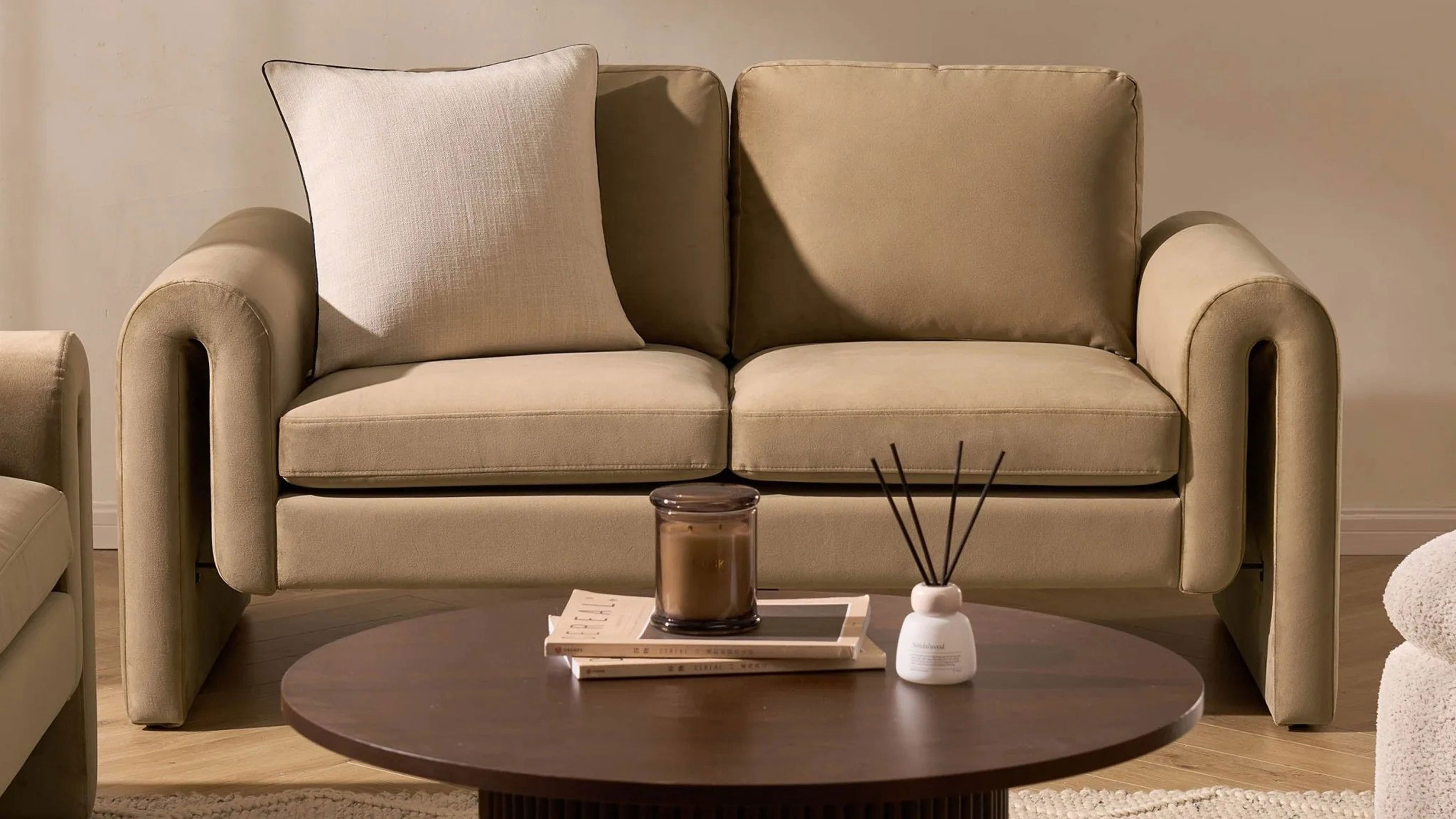 Latte coloured two seater sofa with a cream cushion and wooden coffee table in front