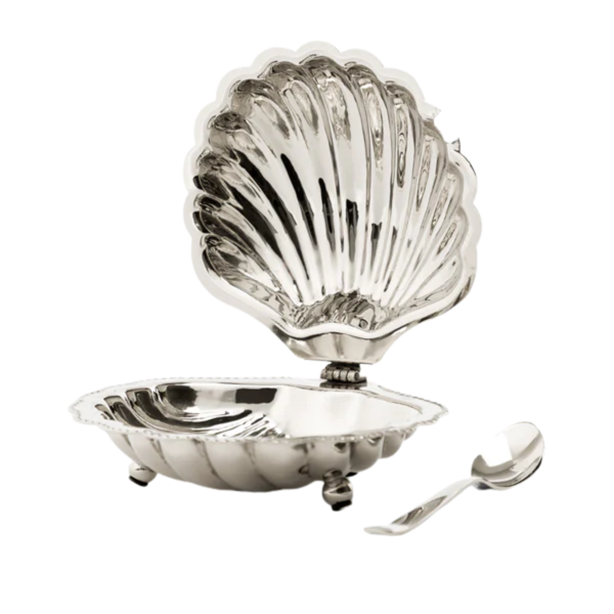 a shell-shaped silver serving dish