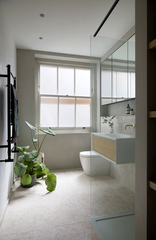 A bathroom with frosted windows