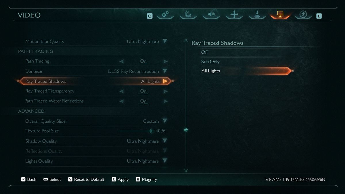 A screenshot of the path tracing options in the PC version of Doom: The Dark Ages