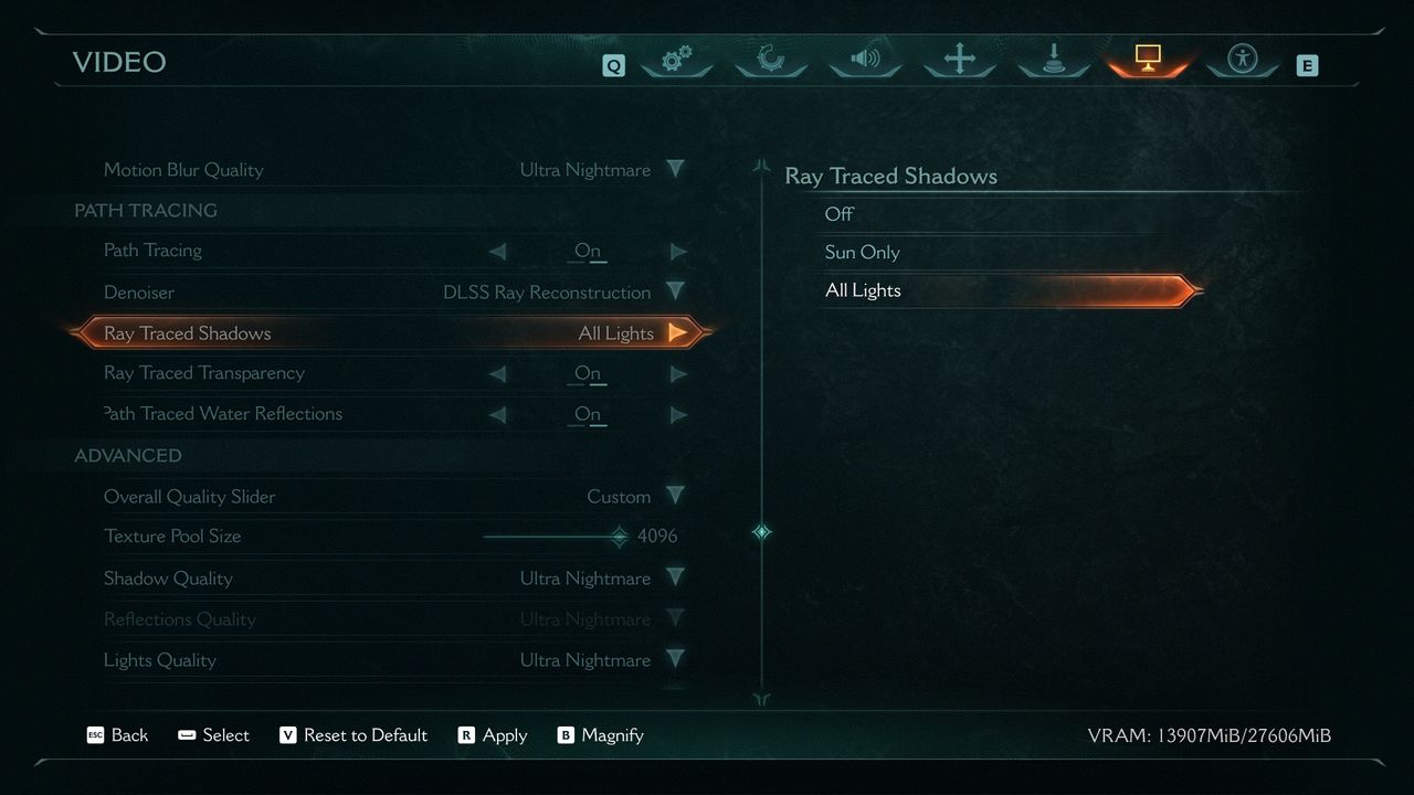 A screenshot of the path tracing options in the PC version of Doom: The Dark Ages