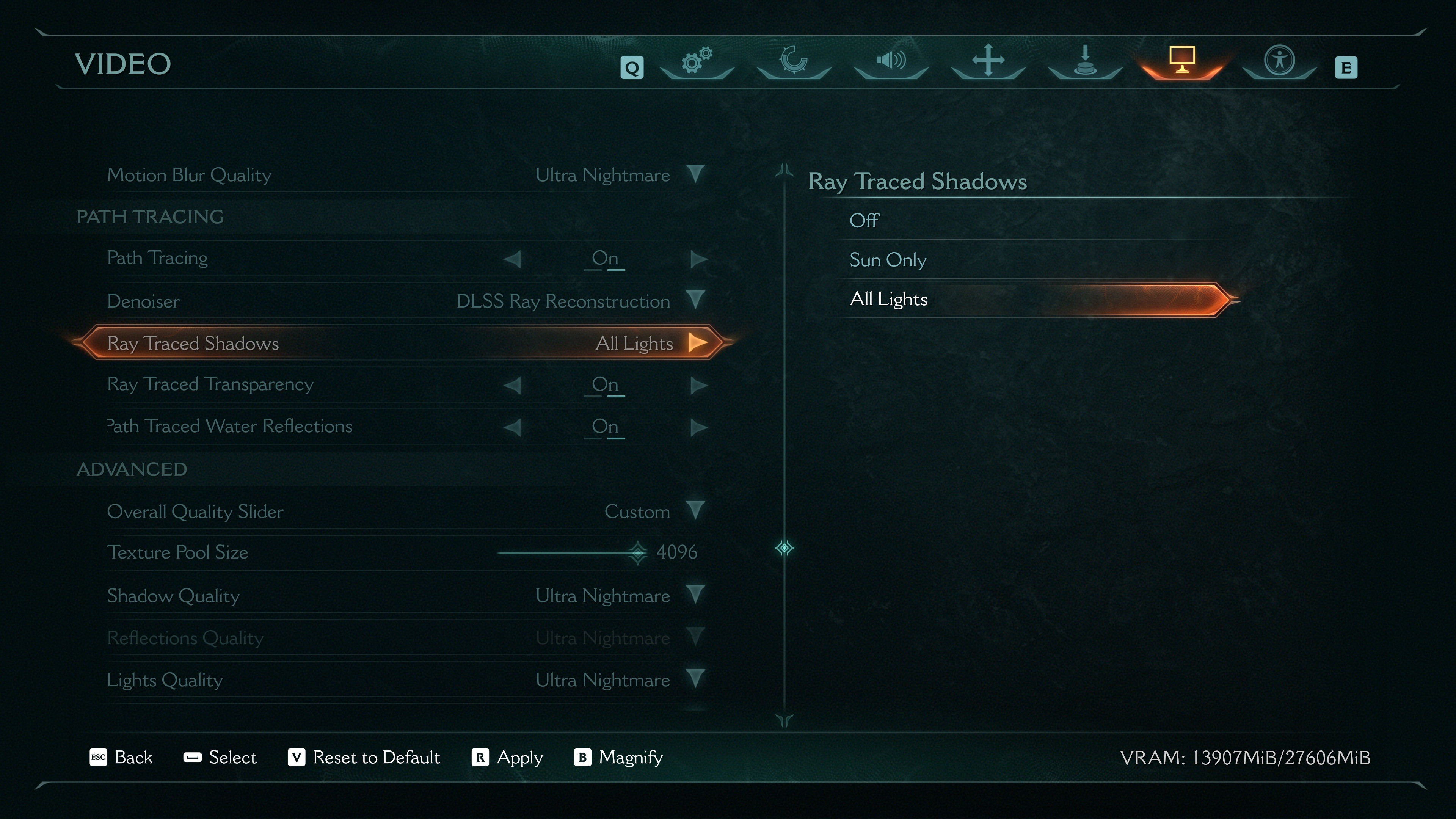 A screenshot of the path tracing options in the PC version of Doom: The Dark Ages