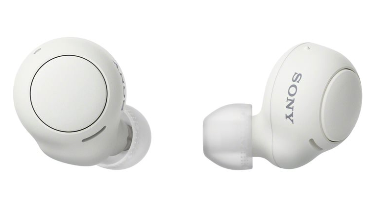 A white pair of Sony WF-C500 wireless earbuds