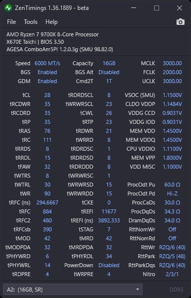 ZenTimings screenshot of alleged custom-built high-speed DDR5 RAM