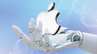 Apple logo held by a robotic hand