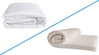 Mattress protector vs mattress topper: A Nectar Mattress Protector on the left hand side of the image and a Tempur-Pedic mattress topper on the right