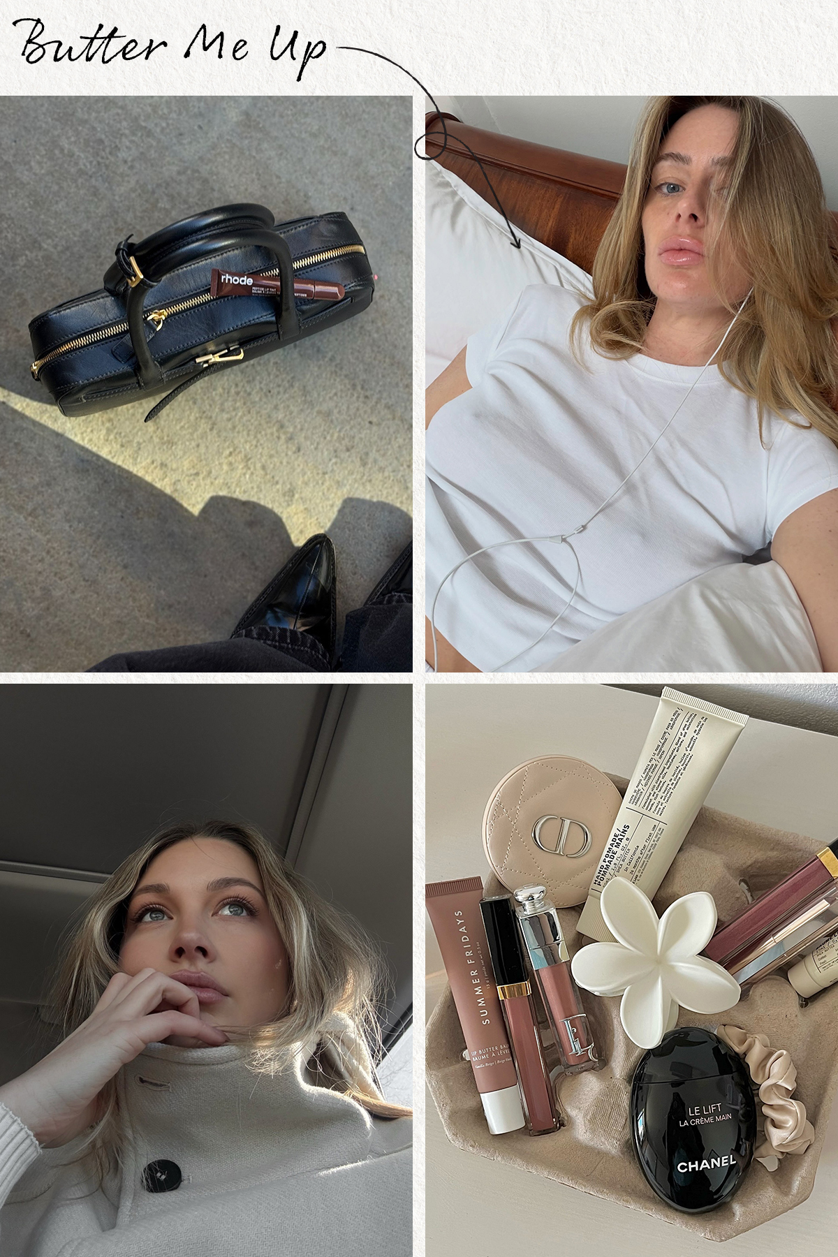 A collage of lip balm images and two influencers wearing lip balm