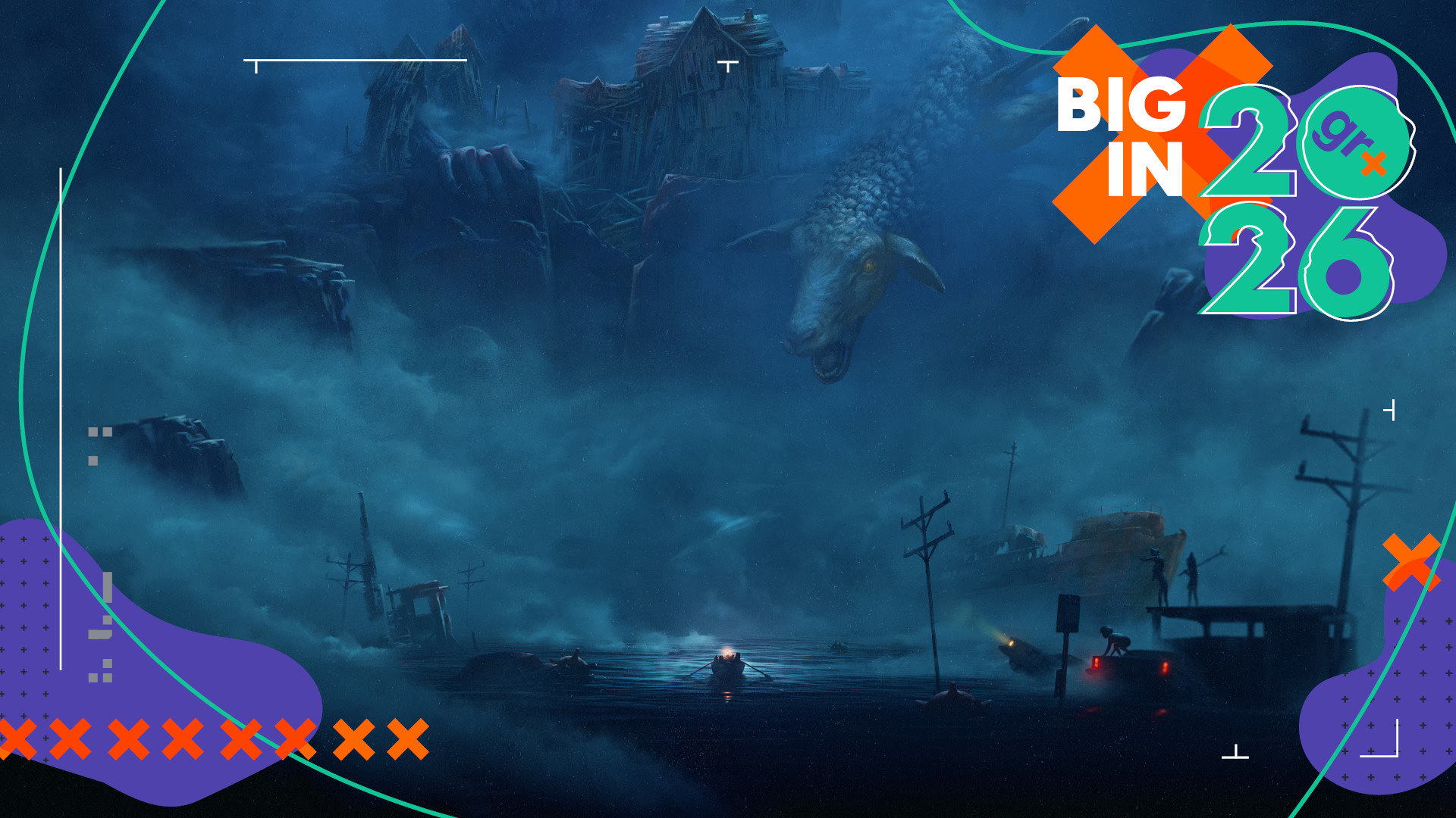 Key art for Reanimal, showing children on a small boat drifting towards a mass of fog and an island with ominous animals poking through them - with the GamesRadar+ Big in 2026 frame