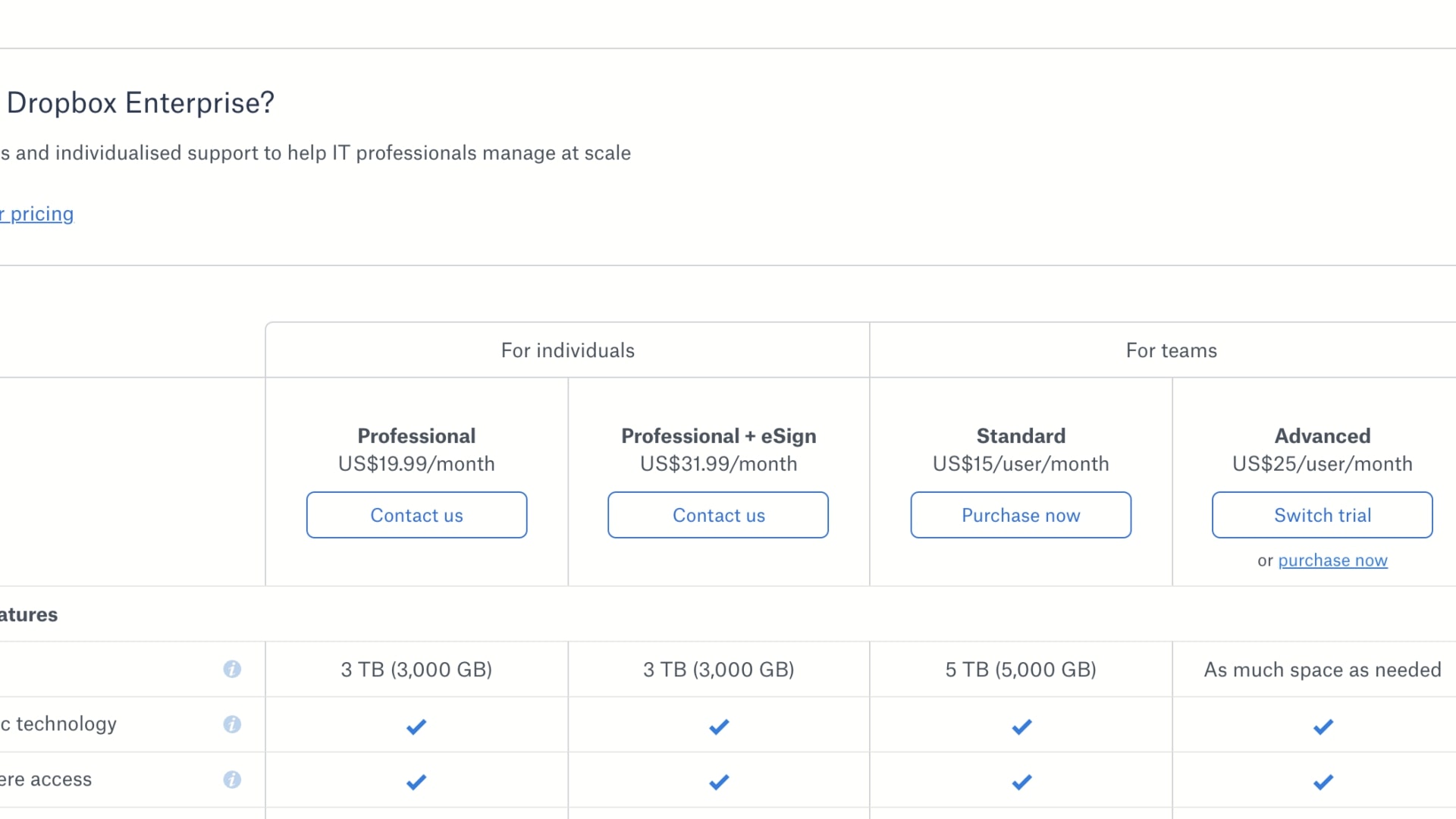 Dropbox pricing and plans