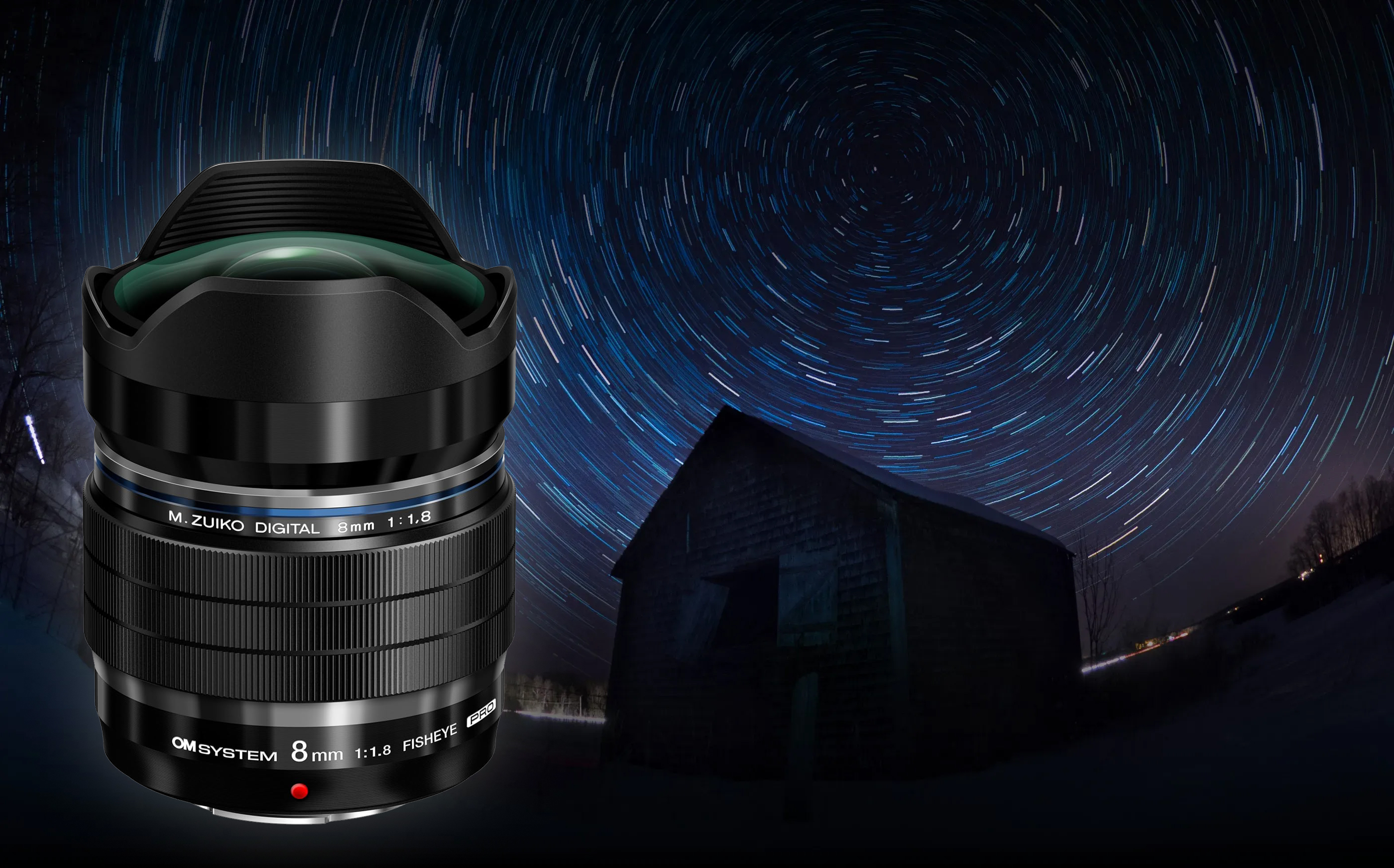 OM System M.Zuiko 8mm f/1.8 Fisheye Pro lens against a star trail sample photograph