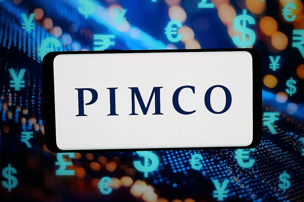 Pimco logo on a smartphone with teal currency signs in the background