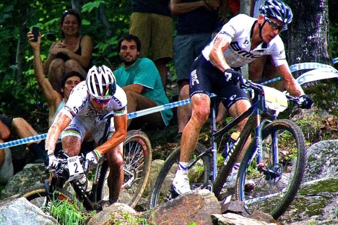 Julien Absalon leads Nino Schurter through the famous Beatrix section
