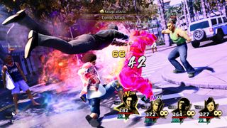 Like a Dragon: Infinite Wealth combat showcasing Kasuga and Kiryu performing a combo attack
