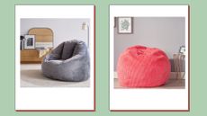 a gray faux fur bean bag chair from west elm and a corduroy pink beanbag chair from amazon 