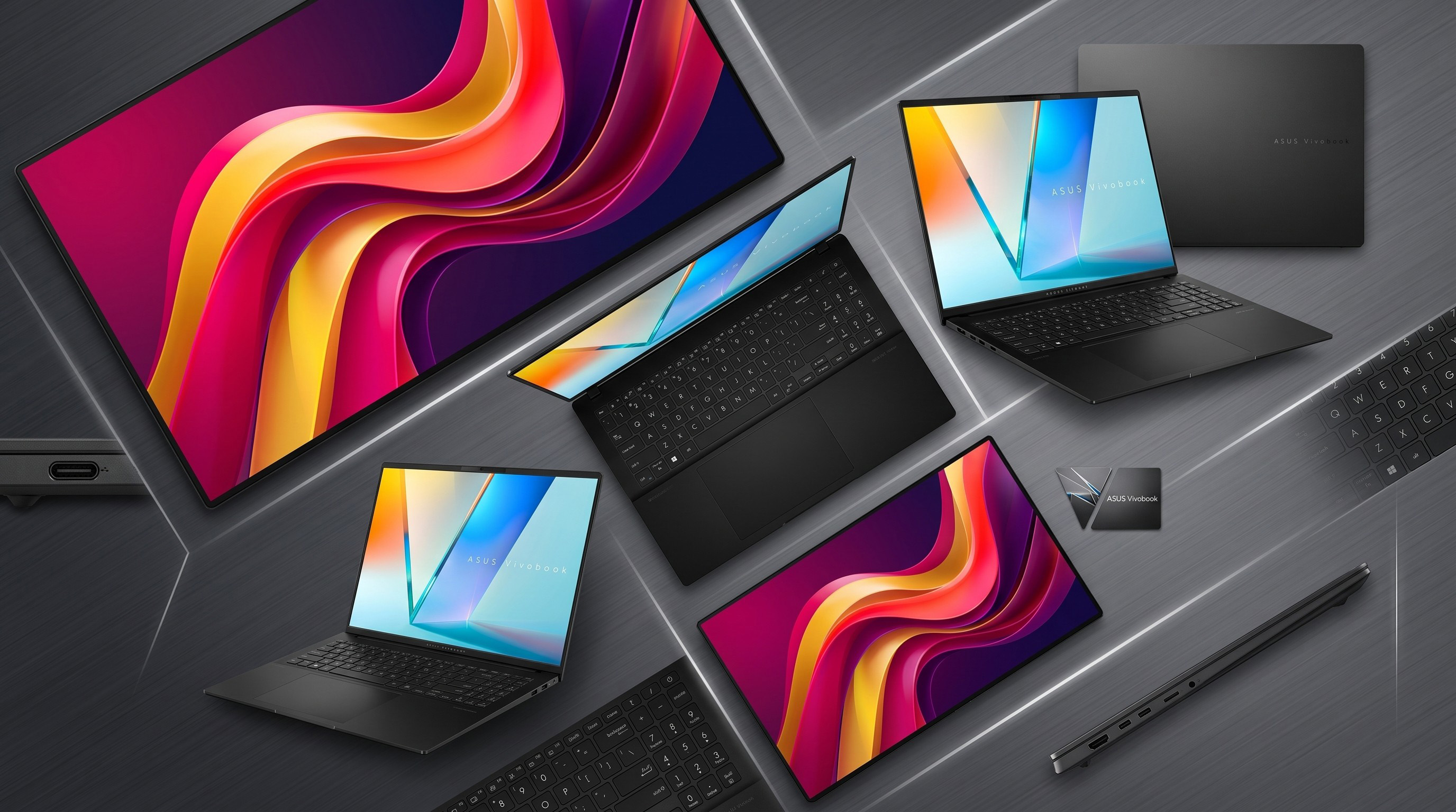 Press images of the ASUS Vivobook S16 laptop for 2026 with Intel Core Ultra processor.