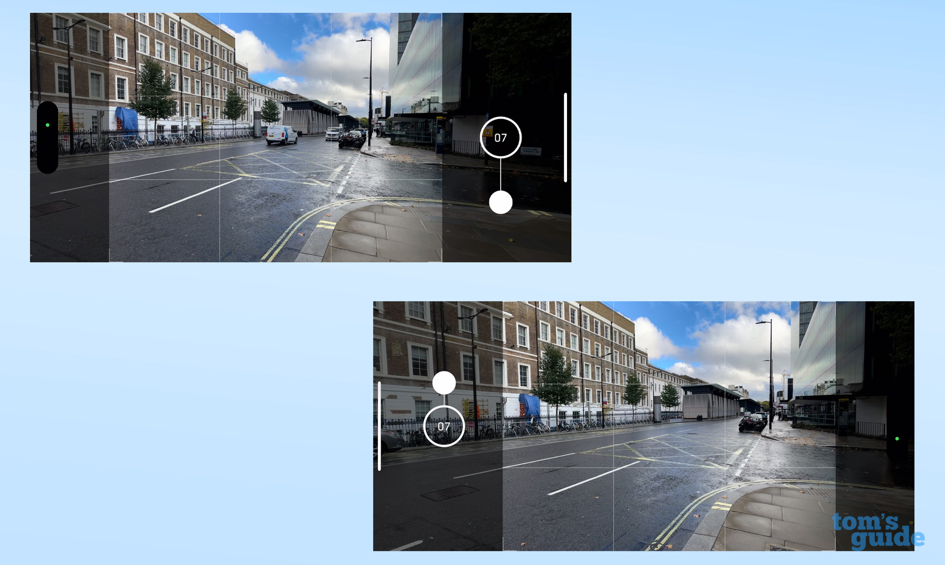 Два снимка экрана, показывающие, как делать серийные фотографии в приложении iPhone Camera.