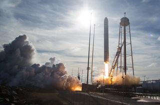 A Northrop Grumman Antares rocket launches the uncrewed Cygnus NG-13 cargo ship to the International Space Station from NASA's Wallops Flight Facility on Feb. 15, 2020. 