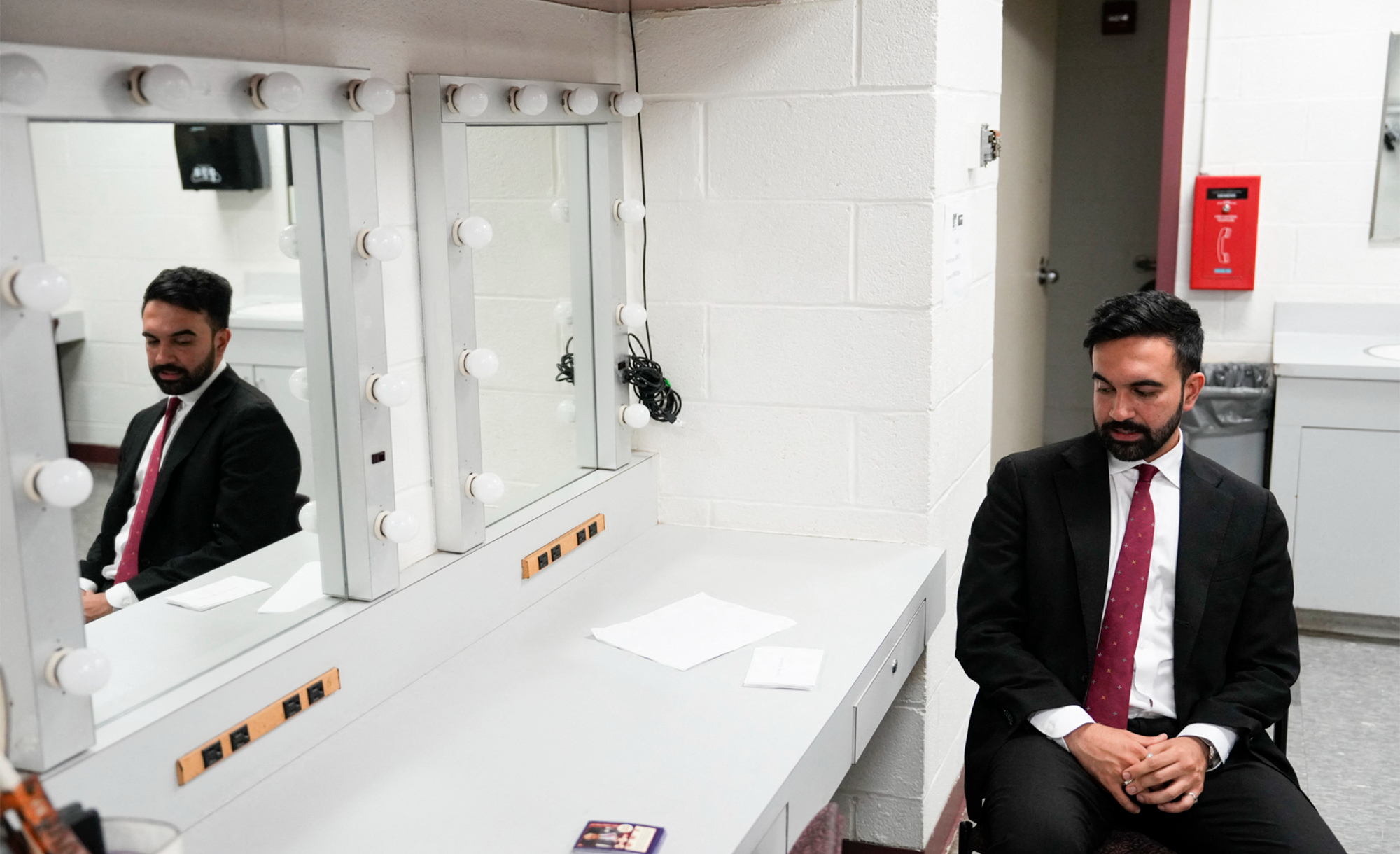 Assemblyman Zohran Mamdani prepares before the New York City Democratic Mayoral Primary Debate at the John Jay College of Criminal Justice on June 12, 2025, in New York City. 